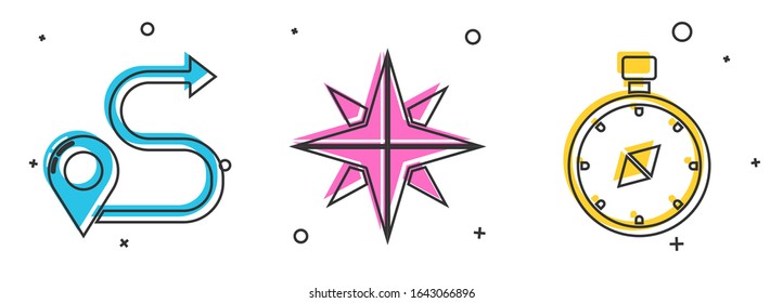 Set Route location, Wind rose and Compass icon. Vector