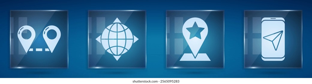 Set Route location, World globe with compass, Map pointer with star and City map navigation. Square glass panels. Vector