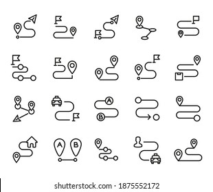 Set of route in modern thin line style. High quality black outline pin symbols for web site design and mobile apps. Simple linear route pictograms on a white background.