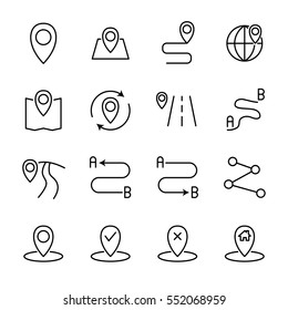Set of route in modern thin line style. High quality black outline pin symbols for web site design and mobile apps. Simple linear route pictograms on a white background.