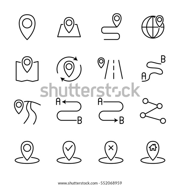Set of route in modern\
thin line style. High quality black outline pin symbols for web\
site design and mobile apps. Simple linear route pictograms on a\
white background.