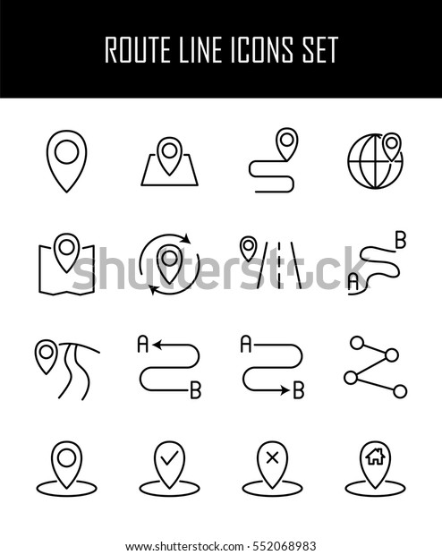 Set of route in modern
thin line style. High quality black outline pin symbols for web
site design and mobile apps. Simple linear route pictograms on a
white background.