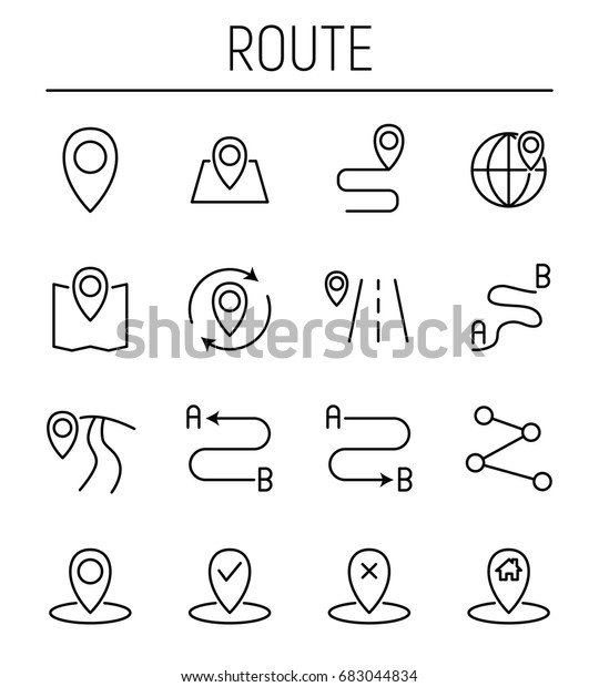 Set of route in modern\
thin line style. High quality black outline pin symbols for web\
site design and mobile apps. Simple linear route pictograms on a\
white background.