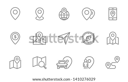 Set of route and navigation line icons. Map pointer, gps, compass, parking pin, direction and more.