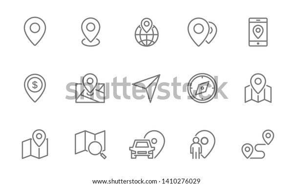 Set of route and\
navigation line icons. Map pointer, gps, compass, parking pin,\
direction and more.