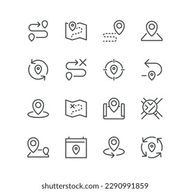 Set of route related icons, pin, route map, navigator, direction and linear variety vectors.
