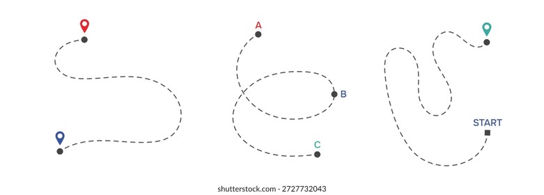 Conjunto de seguimiento de ruta. Búsqueda de ruta con ubicación de pin. Vector