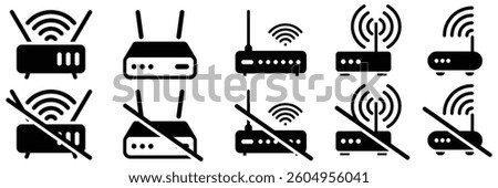 Set of Router icon collection. No router, Router, Wireless, internet connector, Wireless router symbol. Vector Illustration.