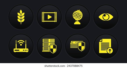 Set Router and wi-fi, Eye, Server with shield, Money protection, Earth globe and Play Video icon. Vector