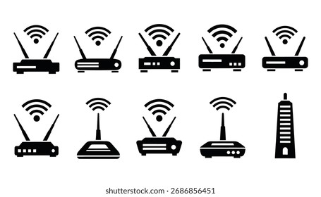 Set of router and wifi icons in a simple silhouette style. Wireless connection, internet access, and network technology concepts.