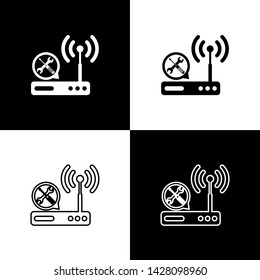 Set Router wi-fi with screwdriver and wrench icon isolated on black and white background. Adjusting, service, setting, maintenance, repair, fixing.  Vector Illustration