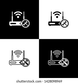 Set Router wi-fi with screwdriver and wrench icon isolated on black and white background. Adjusting, service, setting, maintenance, repair, fixing.  Vector Illustration
