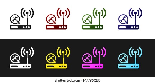 Set Router wi-fi with screwdriver and wrench icon isolated on black and white background. Adjusting, service, setting, maintenance, repair, fixing.  Vector Illustration