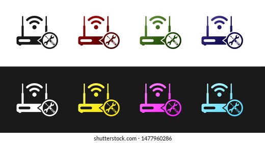 Set Router wi-fi with screwdriver and wrench icon isolated on black and white background. Adjusting, service, setting, maintenance, repair, fixing.  Vector Illustration