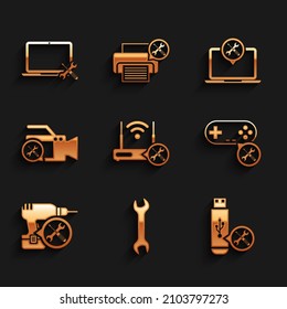 Set Router wi-fi with service, Wrench, USB flash drive, Gamepad, Drill machine, Video camera, Laptop and  icon. Vector