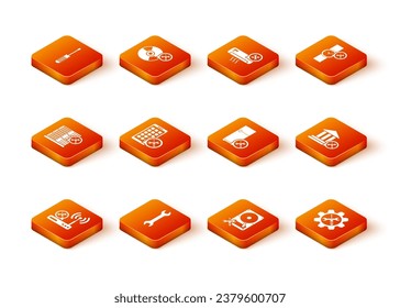 Set Router wi-fi service, Wrench, Database server, Mobile Apps, Hard disk drive, Refrigerator, and screwdriver in gear and Bank building icon. Vector