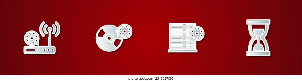 Set Router and wi-fi setting, CD or DVD disk, Server and Old hourglass with sand icon. Vector