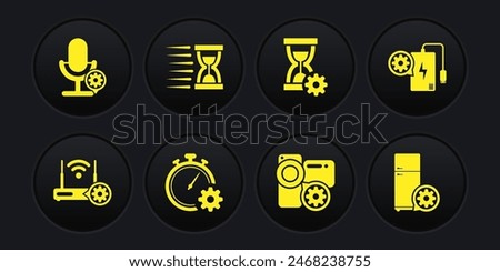 Set Router and wi-fi setting, Power bank, Time management, Video camera, Hourglass and Old hourglass with sand icon. Vector