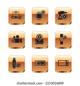 Set Router and wi-fi setting, USB flash drive, Fast payments, Toaster, Video camera and Drill machine icon. Vector