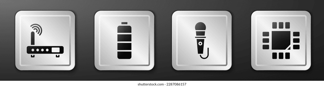 Set Router and wi-fi signal, Battery charge level indicator, Microphone and Processor with microcircuits CPU icon. Silver square button. Vector
