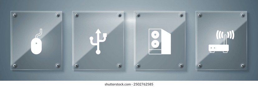 Set Router and wi-fi signal, Case of computer, USB and Computer mouse. Square glass panels. Vector