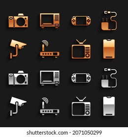 Set Router and wi-fi signal, Charger, Smartphone, mobile phone, Retro tv, Security camera, Portable video game console, Photo and Microwave oven icon. Vector