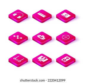 Set Router and wi-fi signal, Create account screen, Share, Ar, augmented reality, Stereo speaker, Target sport, Laptop and Video game console icon. Vector
