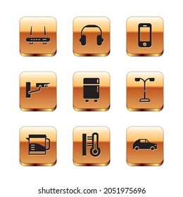 Set Router and wi-fi signal, Electric kettle, Meteorology thermometer, Refrigerator, Security camera, Smartphone, Car and Headphones icon. Vector
