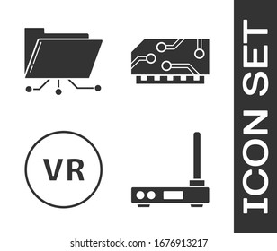 Set Router and wi-fi signal, Folder and lock, Virtual reality and RAM, random access memory icon. Vector