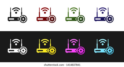 Set Router and wi-fi signal and gear icon isolated on black and white background. Adjusting app, service concept, setting options, maintenance, repair, fixing. Vector Illustration