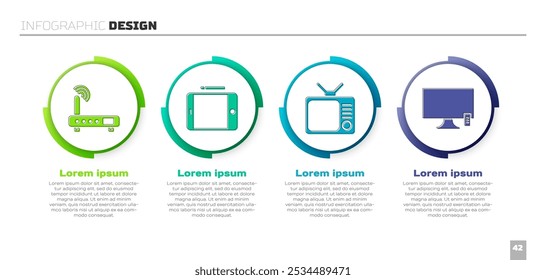 Set Router y señal wi-fi, Tableta gráfica, Tv retro y Smart Tv. Plantilla de infografía de negocios. Vector