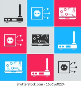 Set Router and wi-fi signal, Remote control and Laptop icon. Vector