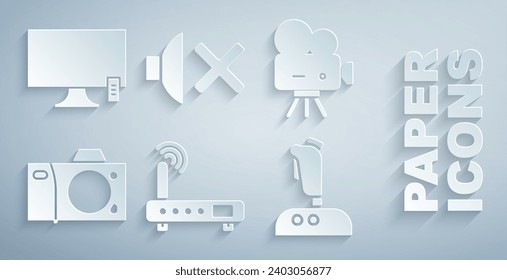 Set Router and wi-fi signal, Retro cinema camera, Photo, Joystick for arcade machine, Speaker mute and Smart Tv icon. Vector