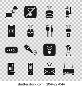 Set Router and wi-fi signal, Satellite dish, Usb wireless adapter, Smart data server, Wireless computer mouse, LTE network, Network cloud connection and USB cable cord icon. Vector