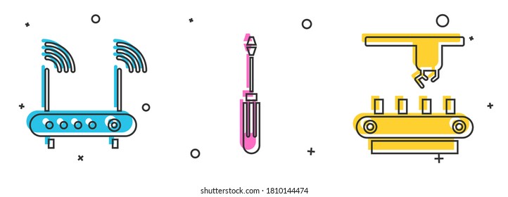 Set Router and wi-fi signal, Screwdriver and Factory conveyor system belt icon. Vector