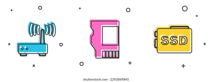 Set Router and wi-fi signal, SD card and SSD icon. Vector