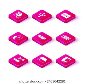 Set Router and wi-fi signal, Server, Data, Web Hosting, Computer mouse, RAM, random access memory, SD card, Video graphic, SSD and USB icon. Vector