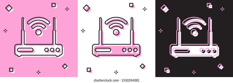 Set Router and wi-fi signal symbol icon isolated on pink and white, black background. Wireless ethernet modem router. Computer technology internet.  Vector Illustration