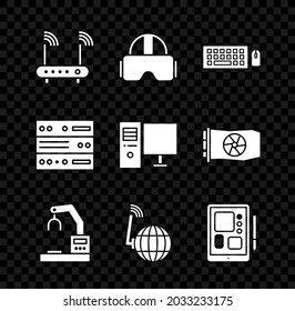 Set Router and wi-fi signal, Virtual reality glasses, Keyboard mouse, Robotic robot arm hand factory, Social network, Graphic tablet, Server, Data, Web Hosting and Computer monitor icon. Vector - Powered by Shutterstock - Get 15% off with code: PIKWIZARD15
