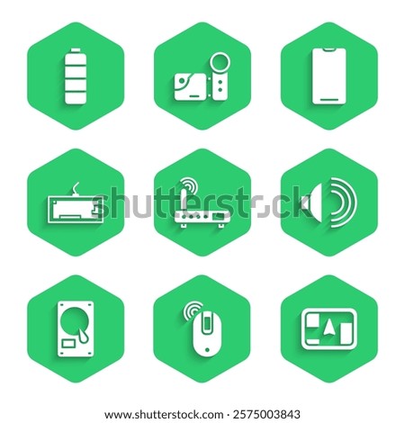 Set Router and wi-fi signal, Wireless computer mouse, Gps device with map, Speaker volume, Hard disk drive HDD, Keyboard, Smartphone, mobile phone and Battery charge level indicator icon. Vector