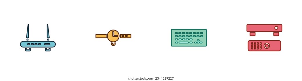 Set Router and wi-fi signal, Wrist watch, Keyboard and Multimedia TV box icon. Vector