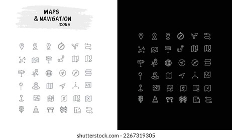 Conjunto de iconos de la línea del vector del paro con trazos editables, relacionados con la ruta, navegación, navegación, navegación por GPS, búsqueda de la ruta, dirección de la ruta, marcador de posición, puntero del mapa, brújula, signo de la calle, símbolo de navegación, iconos de la línea del vector del paro