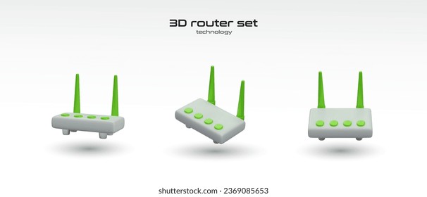 Set with routers in different positions for wireless data transmission and Internet connection. Vector illustration in green colors with place for text