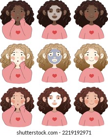 Conjunto de cuidados faciales rutinarios para niñas de diferentes razas. El proceso de tratamiento del acné con la aplicación de una máscara facial. Ilustración vectorial.