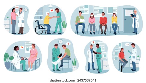 Set of routine hospital plots. Collection of images with therapist, surgeon, male and female nurse treating patient from disease. Concept of medical help. Vector illustration