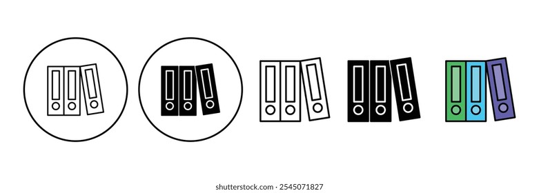 Conjunto de fila de iconos de carpetas de colección. Estilo diferente del símbolo de los aglutinantes. Ilustración vectorial.