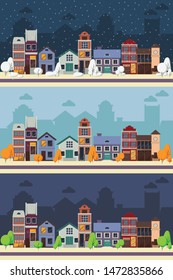 Set of row of different houses along the street. Winter, autumn, spring street. Colorful residential house. Home, building, house exterior, family house, modern house. Flat style vector illustration