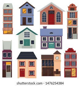 Set Of Row Of Different Houses Along The Street. Winter, Autumn, Spring Street. Colorful Residential House. Home, Building, House Exterior, Family House, Modern House. Flat Style Vector Illustration