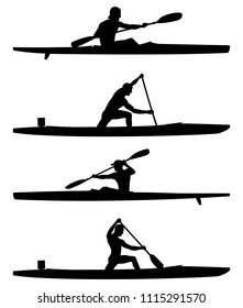 set rowers kayak and canoe black silhouettes boating competition