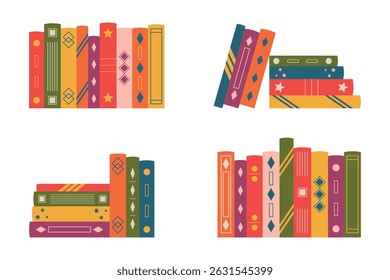 Set with rows of books of different colors. Design elements for educational courses, schools, universities, libraries, bookstores. Isolated vector illustration in flat style.	
